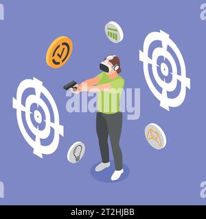 Allenamenti sportivi in realtà virtuale sfondo colorato isometrico con bersagli astratti appesi in aria intorno allo sparatutto che indossa occhiali per realtà virtuale Vector il Illustrazione Vettoriale