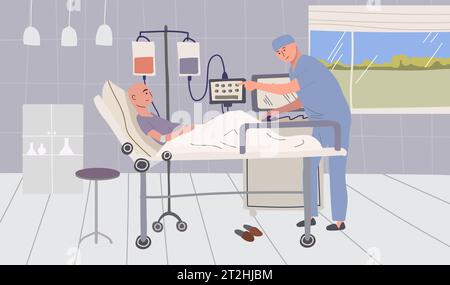 Paziente oncologico composizione piatta con vista interna del reparto ospedaliero con gocciolatore del paziente e illustrazione del vettore medico Illustrazione Vettoriale