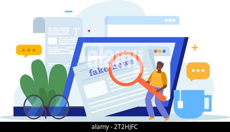 Composizione flat news fake con illustrazione vettoriale online per la lettura di caratteri errati Illustrazione Vettoriale