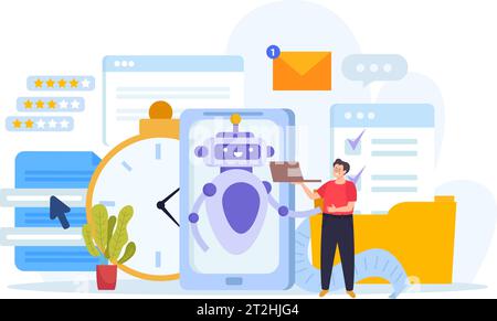 Concetto piatto del servizio clienti online di chatbot con l'uomo che chatta con l'illustrazione dei vettori di bot Illustrazione Vettoriale