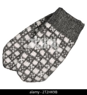 Coppia di guanti grigi piatti, motivo dei guanti in lana testurizzata grigia, guanti invernali in maglia calda e isolata, dettaglio verticale ampio e dettagliato Foto Stock