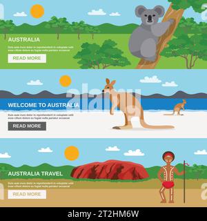 Australia viaggio banner orizzontali set con spiaggia deserto aborigeno e fauna selvatica isolato illustrazione vettoriale Illustrazione Vettoriale