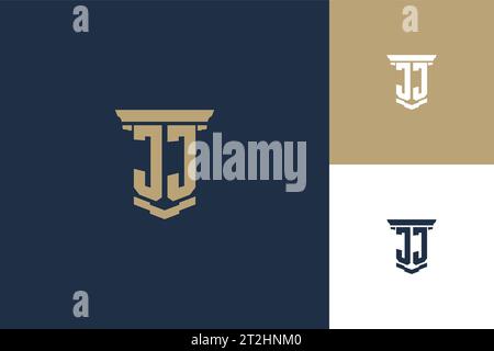 Logo con iniziali monogramma JJ con icona a colonna. Ispirazione per il design del logo della legge legale Illustrazione Vettoriale