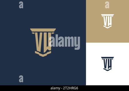 Logo con iniziali monogramma VW con icona a colonna. Ispirazione per il design del logo della legge legale Illustrazione Vettoriale