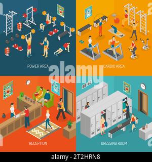 Set isometrico fitness. Illustrazione del vettore di idoneità. Elementi isolati per il fitness. Set di icone fitness. Collezione di concetto di fitness. Illustrazione Vettoriale