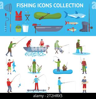 Attrezzatura da pesca e attrezzature collezione di icone piatte con pescatore in motoscafo cattura banner pesce illustrazione vettoriale astratta Illustrazione Vettoriale