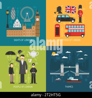 Simboli della città di Londra luoghi di interesse e tradizioni per i viaggiatori 4 icone piatte composizione banner astratto isolato vettore illustrazione Illustrazione Vettoriale