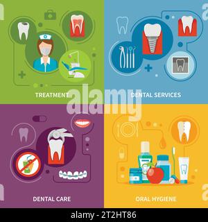 Concetto di cura dentale. Set icone dentali. Illustrazione del vettore di cura dentale. Simboli per la cura dei denti. Set di progettazione per la cura dei denti. Collezione di elementi dentali. Illustrazione Vettoriale