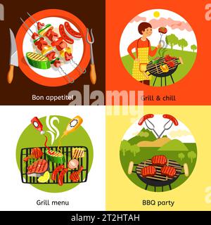 Estate barbecue barbecue all'aperto festa appetitoso menu 4 icone piatte composizione banner astratto isolato vettore illustrazione Illustrazione Vettoriale