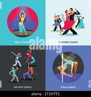 Concetto piatto di colore 2x2 che raffigura l'illustrazione del vettore del palo del compagno di hip-hop del ventre di stile dance differente Illustrazione Vettoriale