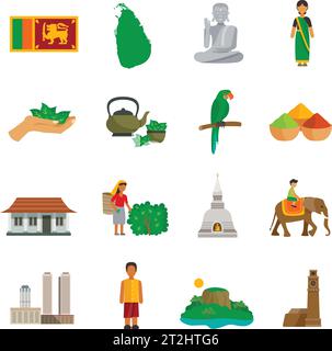 Set di icone piatte a colori dei punti di riferimento e della cultura dello Sri Lanka presenta illustrazioni vettoriali Illustrazione Vettoriale