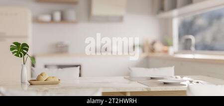 Immagine ravvicinata di set di stoviglie, un cesto di pane e un vaso su un lussuoso tavolo da pranzo in marmo bianco in una moderna cucina bianca. rendering 3d, illustr 3d. Foto Stock