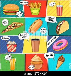 Fast food fumetti icone pagina di composizione con palloncini di parlato e sfondi colorati poster di illustrazione vettoriale Illustrazione Vettoriale