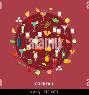 Set di bevande alcoliche e i loro ingredienti in stile piatto con illustrazione vettoriale Illustrazione Vettoriale