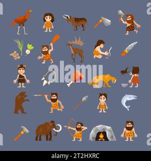 Antica collezione di icone piatte con armi da caveman cibo animali e strumenti isolato illustrazione vettoriale Illustrazione Vettoriale