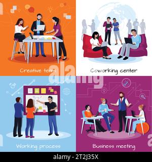 Il concetto di progettazione 2x2 delle persone che si accoppano con un team di dipendenti creativi che si riuniscono per discutere di come lavorare insieme con un'illustrazione vettoriale piatta Illustrazione Vettoriale