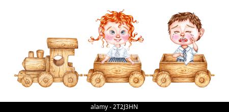 Trenino in legno giocattolo per bambini e due vagoni. Illustrazione ad acquerello di bambini che cavalcano su una locomotiva a vapore su uno sfondo isolato. Disegno di una t Foto Stock