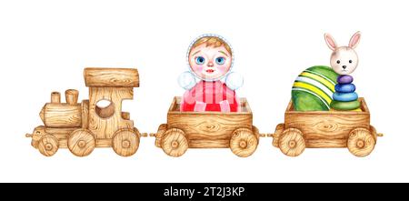 Trenino in legno giocattolo per bambini e due vagoni. Illustrazione ad acquerello di giocattoli che viaggiano su una locomotiva a vapore su uno sfondo isolato. Disegno di un giocattolo t Foto Stock