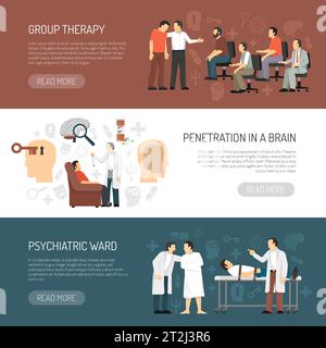 Striscioni orizzontali psicologo con sessione di psicoterapia di gruppo penetrazione nel cervello e psichiatrico icone composizioni flat vettore Illustrat Illustrazione Vettoriale