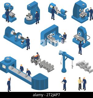 Set isometrico di lavoratori vicino a macchine utensili con tecnologie informatiche, tra cui gru e caricatore, illustrazione vettoriale isolata Illustrazione Vettoriale
