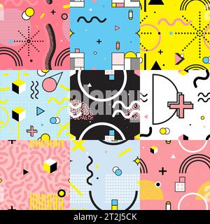 Set di motivi colorati senza giunture in stile memphis con linee ondulate e figure geometriche illustrazione vettoriale isolata Illustrazione Vettoriale