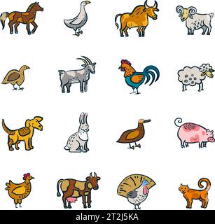 Linea colorata animali da fattoria e uccelli doodle set isolato su sfondo bianco illustrazione vettoriale Illustrazione Vettoriale