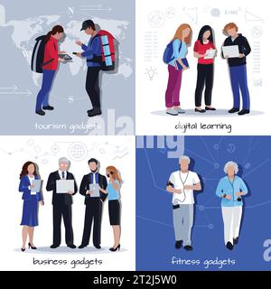 Persone che viaggiano imparare ad esercitarsi e comunicare con colleghi di affari con gadget 4 icone piatte illustrazione vettoriale isolata Illustrazione Vettoriale