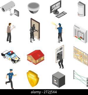 Sistema di sicurezza domestico servizio insieme di elementi isometrici con telecamera di sorveglianza e poliziotto astratto icone isolate illustrazione vettoriale Illustrazione Vettoriale