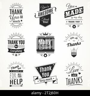Collezione monocromatica di nove segni d'annata grazie con elementi di luce solare in stile retro font isolato illustrazione vettoriale Illustrazione Vettoriale