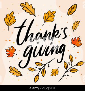 Illustrazione piatta disegnata a mano per il giorno del Ringraziamento con foglie Illustrazione Vettoriale