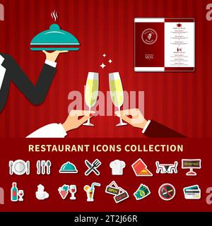 Ristorante emoji icone sfondo collezione con immagini cartoni piatti di mani cameriere champagne vetro e menu vettore illustrazione Illustrazione Vettoriale