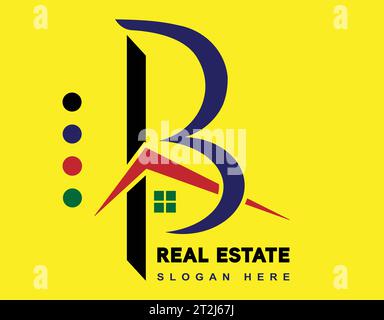 Logo Vector immobiliare. Logo Building Real Estate Logo. Colore blu, rosso, nero e verde, sfondo giallo. Illustrazione Vettoriale