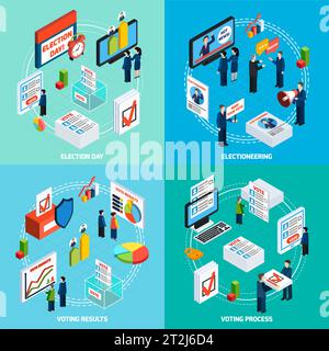 Il concetto di progettazione isometrica 2x2 delle elezioni e del voto con le persone impegnate nel dibattito elettorale e nel processo di voto flat vettoriale illustrazione Illustrazione Vettoriale