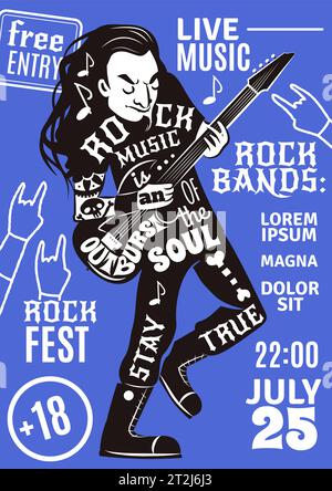 Rock band musica notte concerto pubblicità poster con data ora e nero performer figura astratta vettore illustrazione Illustrazione Vettoriale