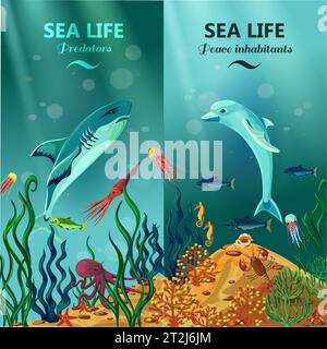 Colorate bandiere verticali di vita del mare con pace e predatori abitanti di coralli sott'acqua reef piatto illustrazione vettoriale Illustrazione Vettoriale
