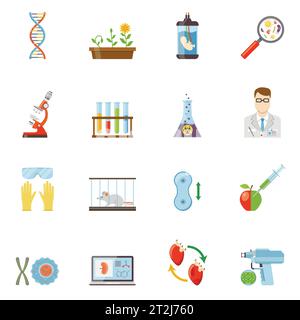 Biotecnologia e genetica icone a colori piatti insieme di microscopi embrione DNA molecole esperimenti con animali e piante illustrazione vettoriale Illustrazione Vettoriale