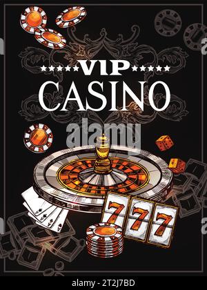 Poster del casinò VIP con le carte della ruota della roulette per giocare a poker chip dadi e jackpot icone in stile schizzo illustrazione vettoriale Illustrazione Vettoriale