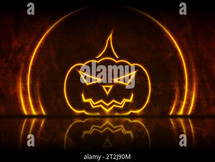 Zucca di Halloween al neon arancione su sfondo grunge con riflesso. Progettazione vettoriale Illustrazione Vettoriale