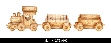Giocattolo per bambini, treno in legno e due carrelli. Illustrazione ad acquerello del trasporto di bambini piccoli su uno sfondo isolato. Disegno di un treno giocattolo f Foto Stock