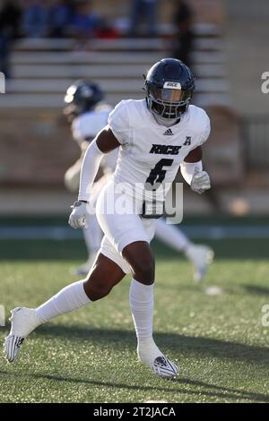 19 ottobre 2023: DJ Arkansas #6 Rice line backer scende nella sua posizione. Rice ha sconfitto Tulsa 42-10 a Tulsa, OK. Richey Miller/CSM Foto Stock