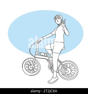 tutta la lunghezza di una donna sportiva che mostra il segno di pace sulla sua bicicletta illustrazione vettoriale disegnata a mano isolata su sfondo bianco Illustrazione Vettoriale