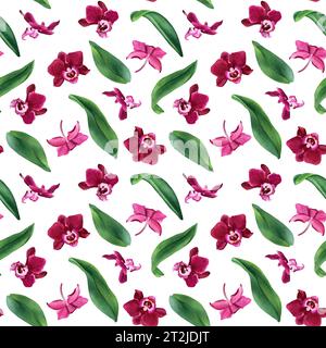 Motivo acquerello senza cuciture con orchidea tropicale Fiori e foglie di Phalaenopsis. Per tessuto, tessuto Foto Stock