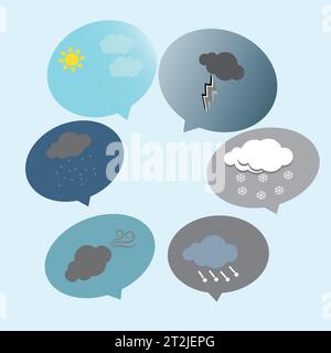 Sei fumetti vocali con diverse icone meteo Illustrazione Vettoriale