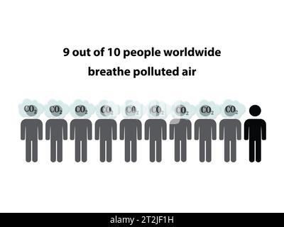 Sagome di dieci persone con il testo 9 persone su 10 in tutto il mondo respirano aria inquinata Illustrazione Vettoriale