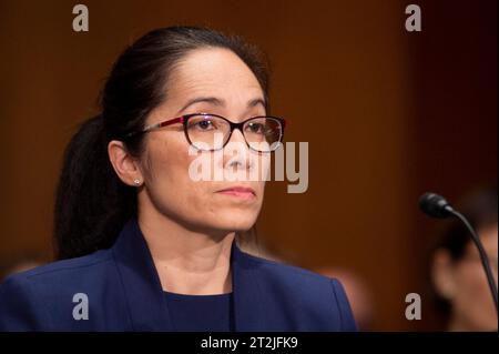 Washington, Stati Uniti. 19 ottobre 2023. Jennifer L. Fain appare davanti a un'udienza della Commissione del Senato per le questioni bancarie, abitative e urbane per la sua nomina a ispettore generale, Federal Deposit Insurance Corporation, nel Dirksen Senate Office Building a Washington, DC, USA, giovedì 19 ottobre, 2023. foto di Rod Lamkey/CNP/ABACAPRESS.COM credito: abaca Press/Alamy Live News Foto Stock