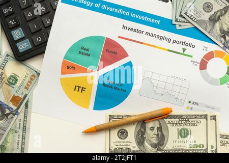 Diversi tipi di prodotti finanziari e di investimento nel mercato obbligazionario, ad esempio REIT, ETF, obbligazioni, azioni. Gestione sostenibile del portafoglio, ricchezza a lungo termine Foto Stock