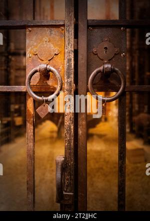 Una cella in prigione d'epoca con una maniglia della porta in metallo resistente agli agenti atmosferici Foto Stock