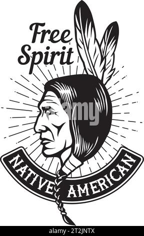Spirito libero. Nativo americano. Illustrazione del vettore di colore della testa del capo indiano. Illustrazione Vettoriale