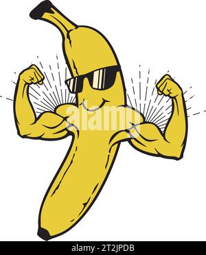 Divertente banana con armi forti e occhiali da sole. Illustrazione vettoriale. Illustrazione Vettoriale