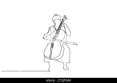 giovane ragazza che suona violoncello grande strumento violino strumento musicale line art deisgn Illustrazione Vettoriale